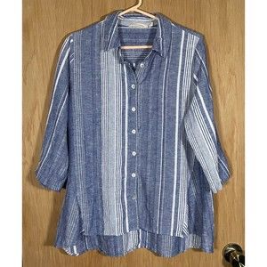 Soft Surroundings Button-Up Shirt Striped Lagenlook Linen Blend Women's Petite L